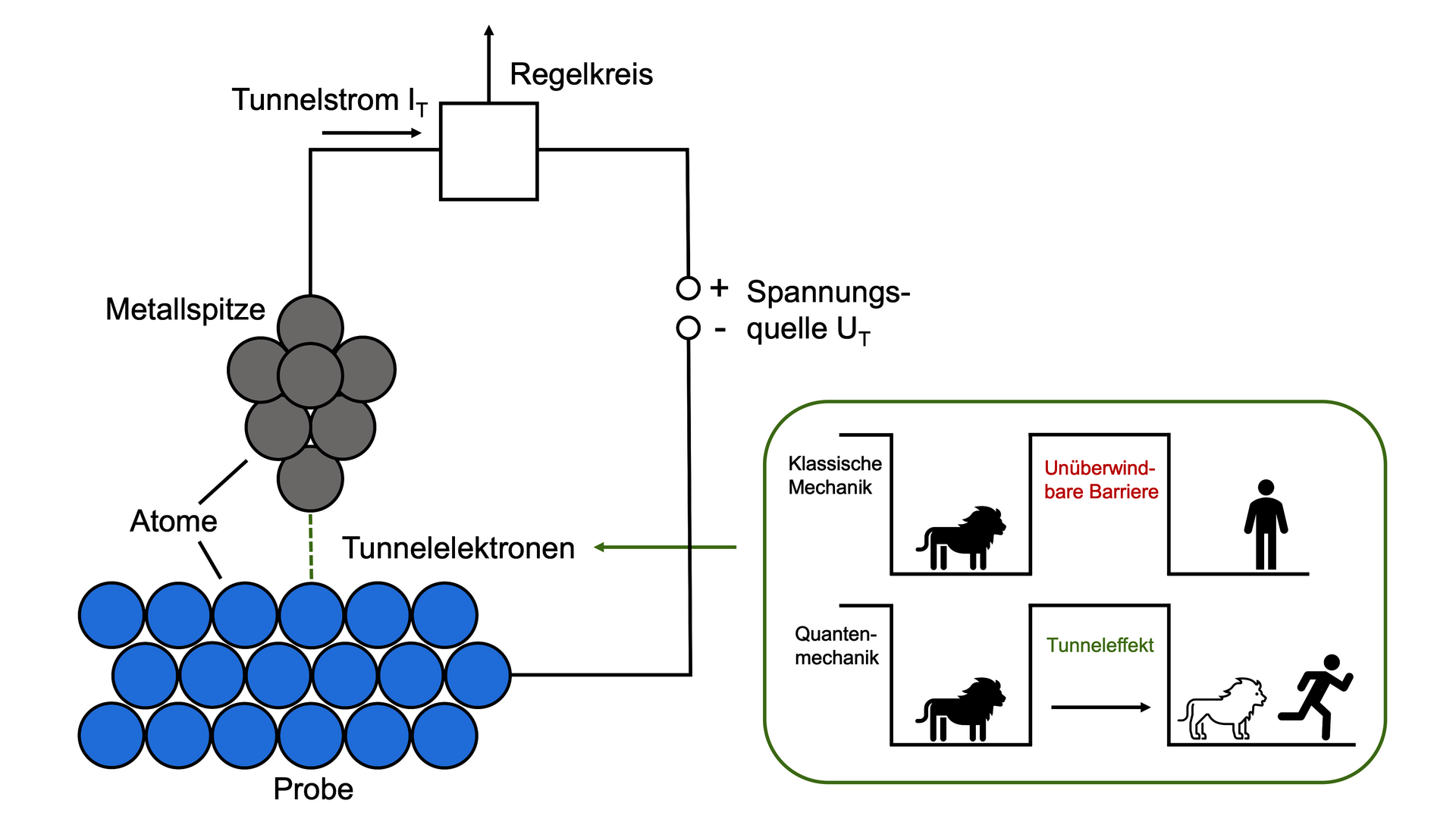 Links ist ein vereinfachtes Rastertunnelmikroskop gezeigt: Eine aus Kreisen, die für Atome stehen, zusammengesetzte Spitze bewegt sich über eine aus Kreisen zusammengesetzte Probe. Dazu ein Bild des Stromkreises. Rechts ist eine Illustration bestehend aus zwei Ansichten: Auf der ersten steht ein Löwe links vor einer Hürde, ein Mensch rechts davon. Die zweite Ansicht zeigt den Tunneleffekt: Löwe links, scheinbar die gleiche Barriere, aber rechts rennt der Mensch vor dem Löwen davon.