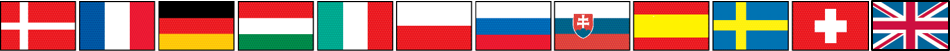 Die Flaggen von Dänemark, Frankreich, Deutschland, Ungarn, Italien, Polen, Russland, Slowakei, Spanien, Schweden, der Schweiz und Großbritannien.