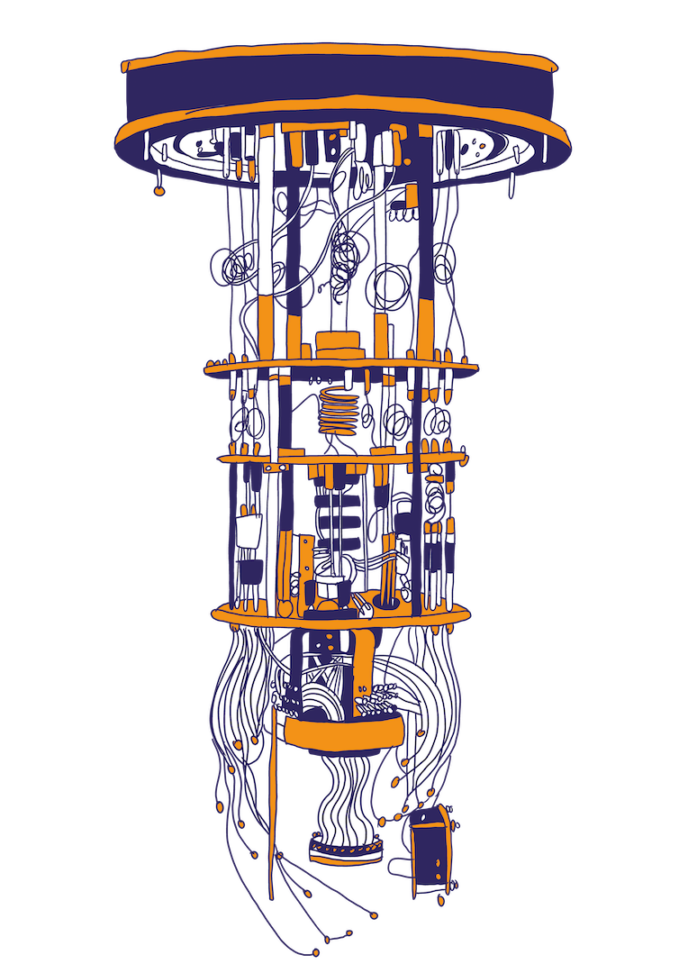 Zeichnung eines Quantencomputers, der aus mehreren zylinderförmigen Etagen besteht.