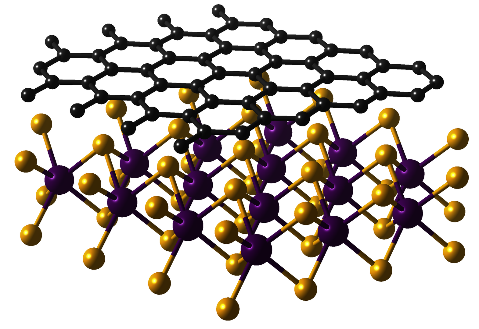 Ein dreidimensionales Kristallgitter mit unterschiedlich großen und unterschiedlich gefärbten Kugeln. Darüber eine zweidimensionale Schicht eines dunkelgrauen hexagonalen Gitters.