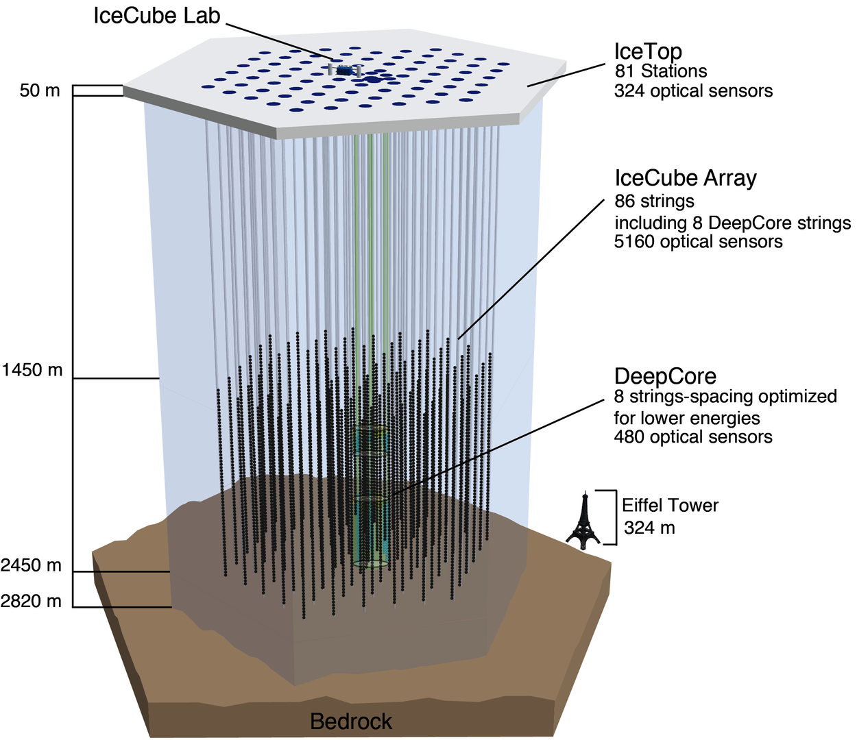 Das IceCube Observatorium besteht aus einem überirdischen Labor und darunter ein vielfach größeres Konstrukt von 2820 Metern Tiefe. Zum Vergleich ist der 324 Meter hohe Eiffelturm gezeigt. Innerhalb des Observatoriums sind kettenartige Strukturen gezeigt, die mit 
