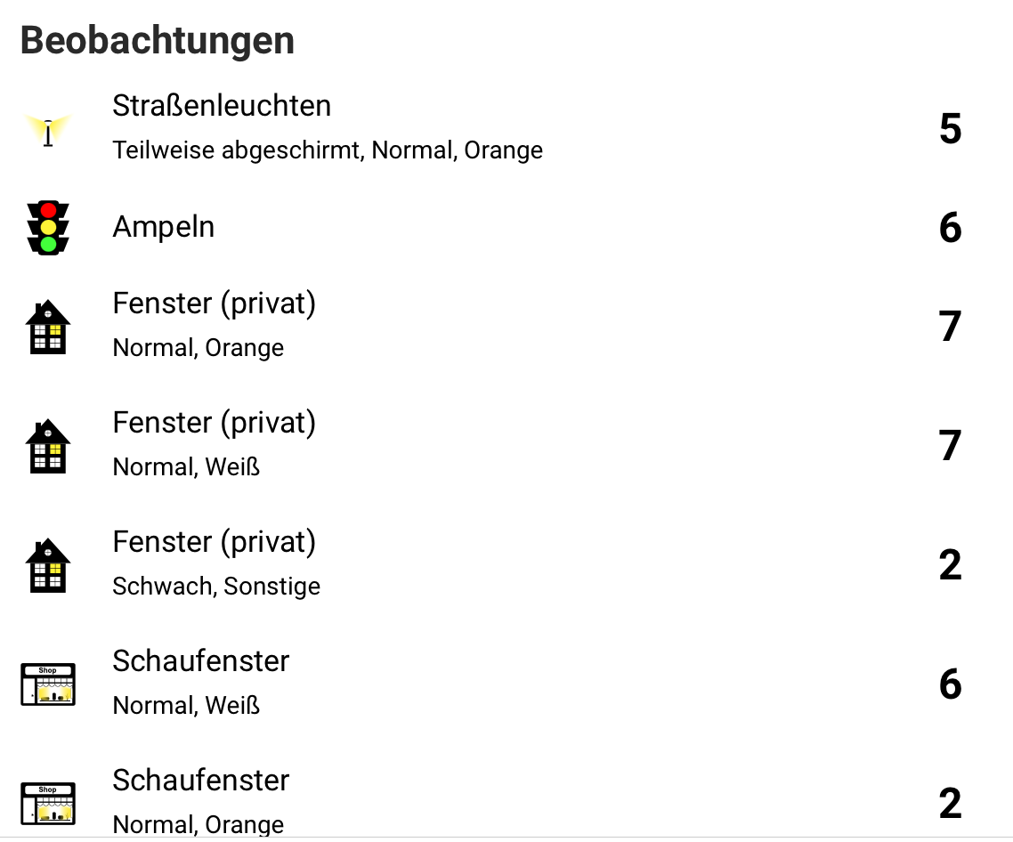 Screenshot der Nachtlichter-App: Verschiedene Lichtquellen sind Zahlen zugeordnet.